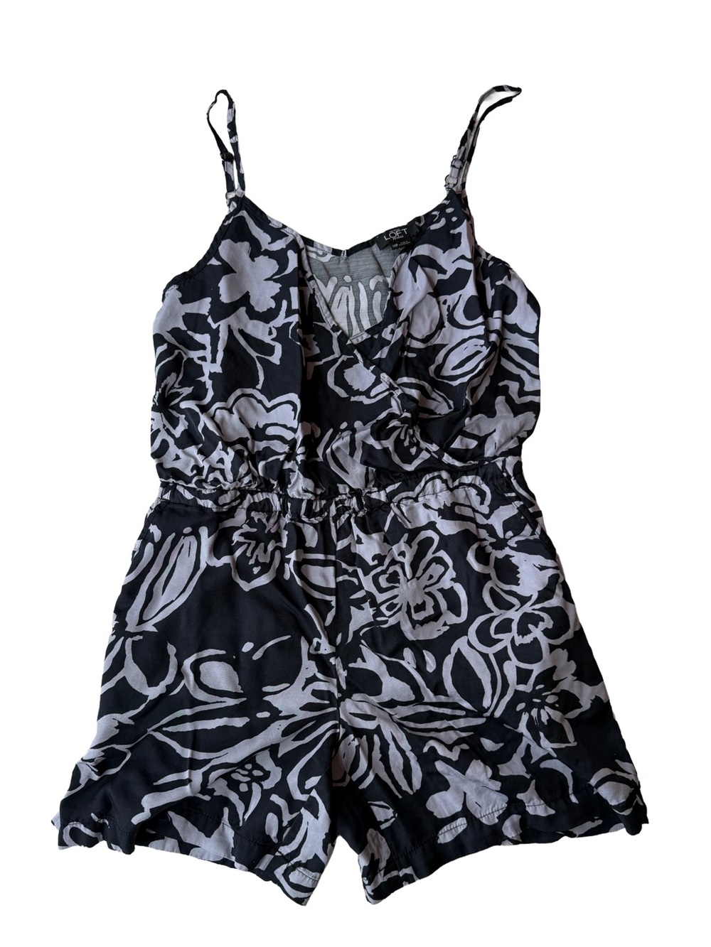 LOFT Petites XXSP Monochrome Abstract Floral Romper Jumpsuit Boho Pockets Rayon